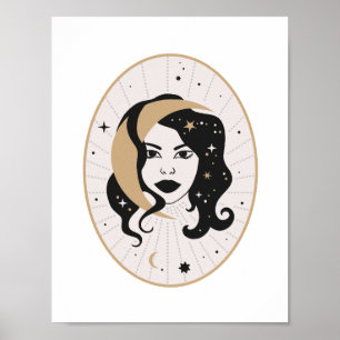 Celestial Goddess Moon Face Magic Stars Mystic Art Poster