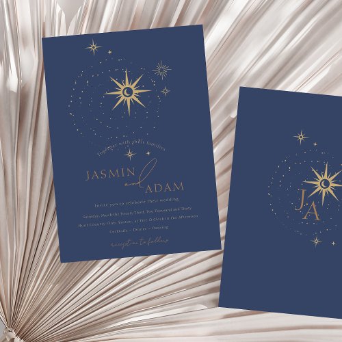 Celestial Gold and Navy Blue Stars Wedding Invitation