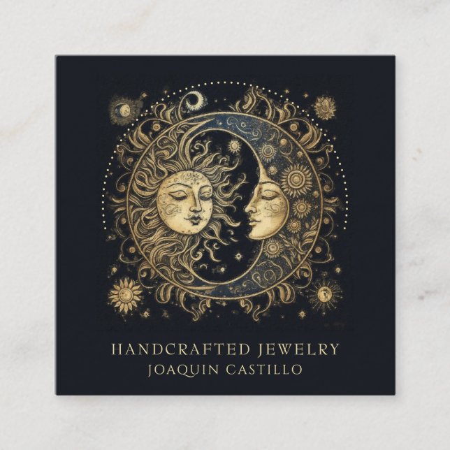 Celestial Gold Black Sun Moon Jewelry Designer Square Business Card (Front)