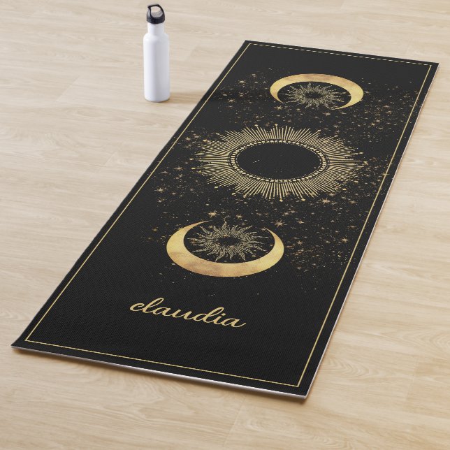 Celestial Gold Black Sun Moon Phase Personalized  Yoga Mat (In Situ)