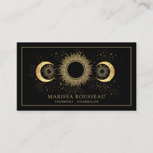 Celestial Gold Black Sun Moon Therapist Counselor Business Card