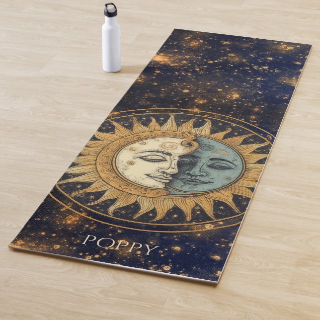 Celestial Gold Blue Sun Moon Faces Personalized Yoga Mat (In Situ)