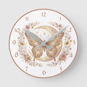 Celestial Gold Butterfly Vintage Moon Floral Round Clock