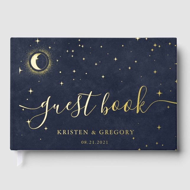 Celestial Gold Crescent Moon Wedding Foil Guest Book (Front)