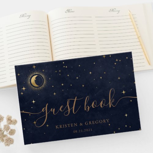 Celestial Gold Crescent Moon Wedding Guest Book