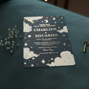 Celestial Gold Foil Moon & Stars Wedding  Invitation