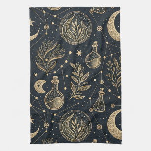 Celestial Gold Line Art - Moon Phases and Potions Kitchen Towel