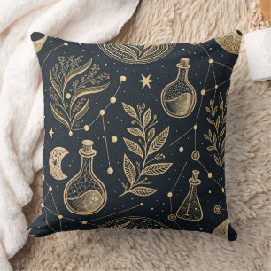 Celestial Gold Line Art - Moon Phases and Potions Throw Pillow