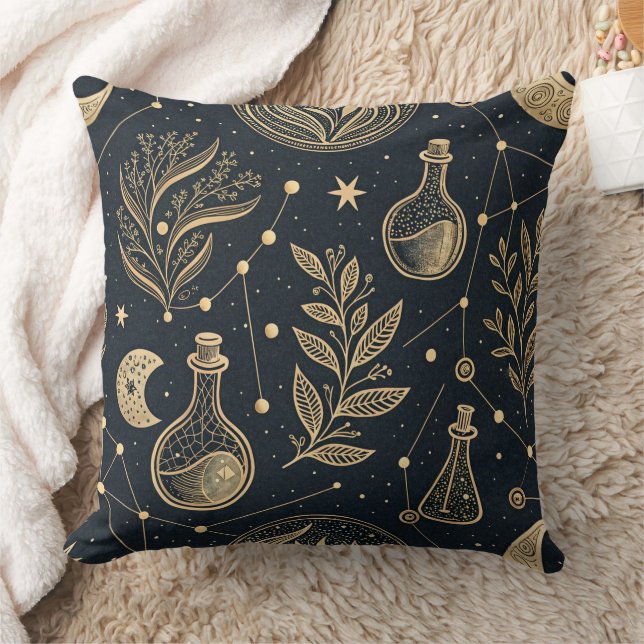 Celestial Gold Line Art - Moon Phases and Potions Throw Pillow (Blanket)