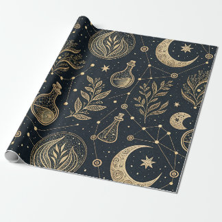 Celestial Gold Line Art - Moon Phases and Potions Wrapping Paper