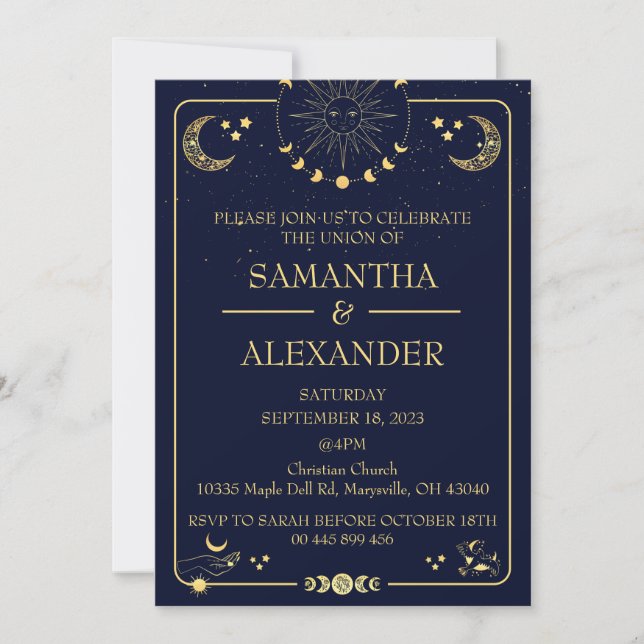 Celestial Gold Midnight Blue Wedding Invitation (Front)