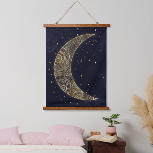 Celestial Gold Moon Aesthetic  Hanging Tapestry