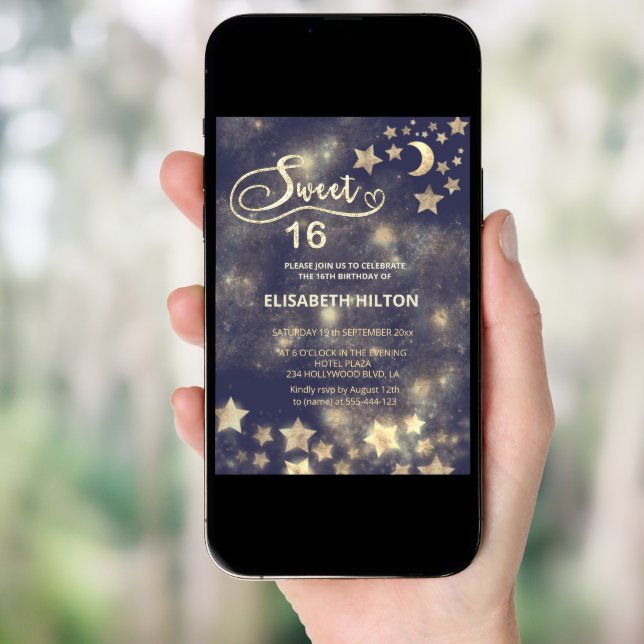 Celestial gold moon and stars sweet sixteen invitation (Front Digital)