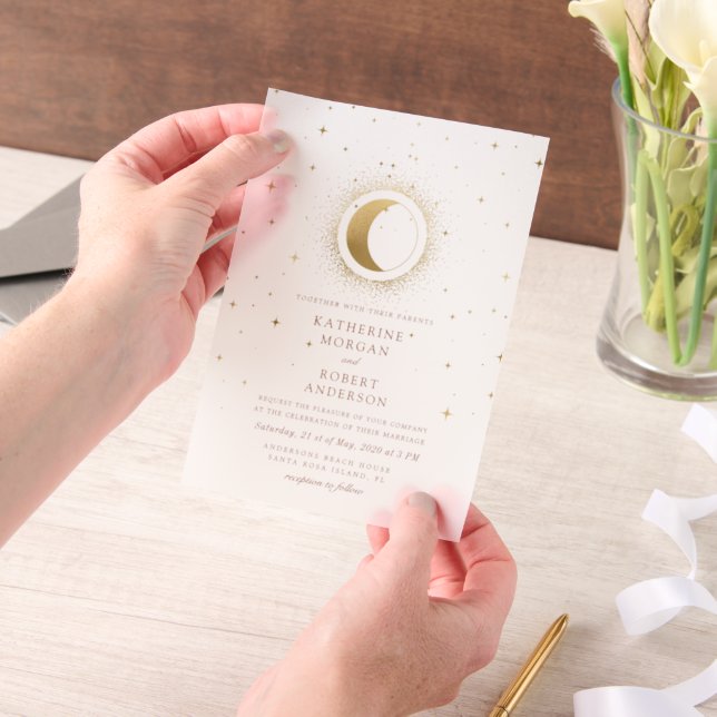 Celestial Gold Moon And Stars Wedding  Vellum Invitations (Handheld)