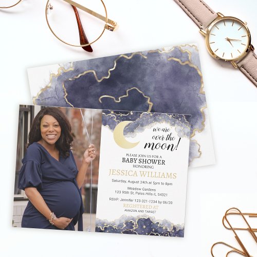 Celestial gold moon baby shower photo invitation