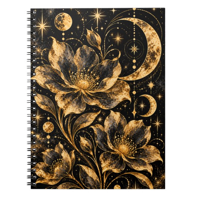 Celestial Gold Moon Floral Notebook (Front)