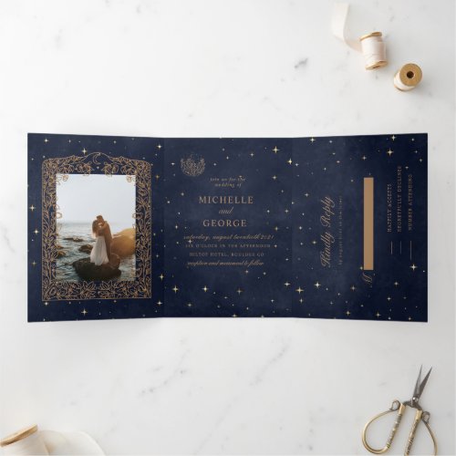 celestial gold moon floral wedding Tri_Fold invitation