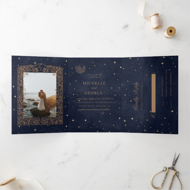celestial gold moon floral wedding Tri-Fold invitation (Inside)