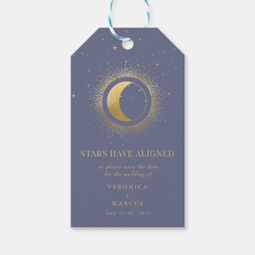 celestial gold moon save the date photo gift tags