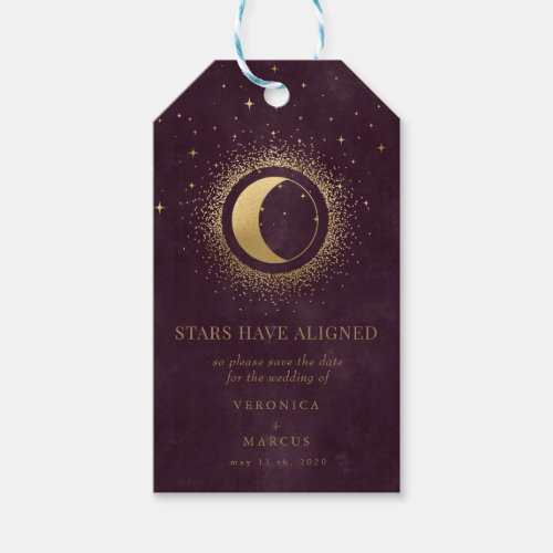 celestial gold moon save the date photo gift tags