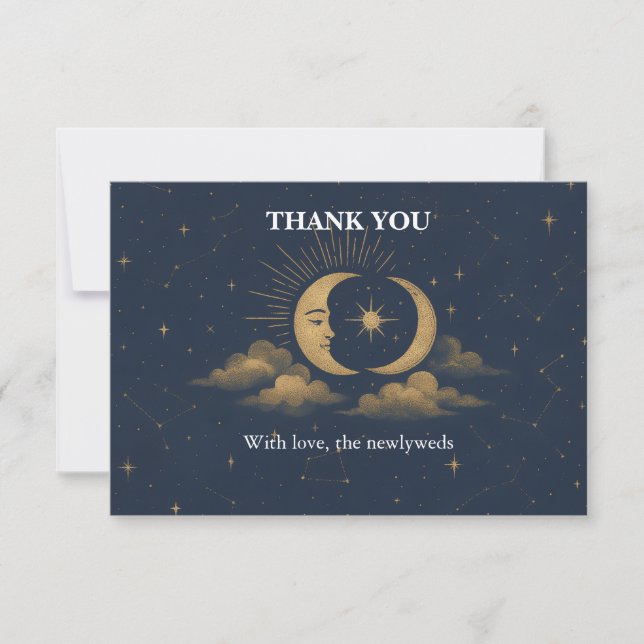 Celestial Gold Moon Starry Night Wedding Thank You Card (Front)