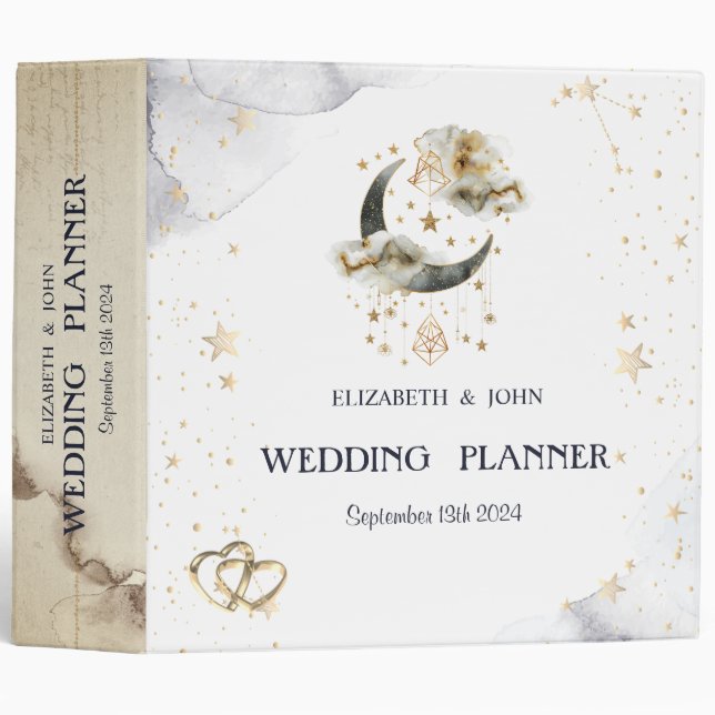 Celestial Gold Moon Stars  3 Ring Binder (Front/Spine)