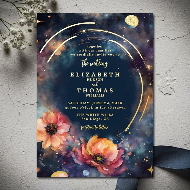Celestial Gold Moon Stars Floral Elegant Wedding Foil Invitation (celestial floral galaxy wedding invitation gold foil watercolor navy blue starry night written stars)