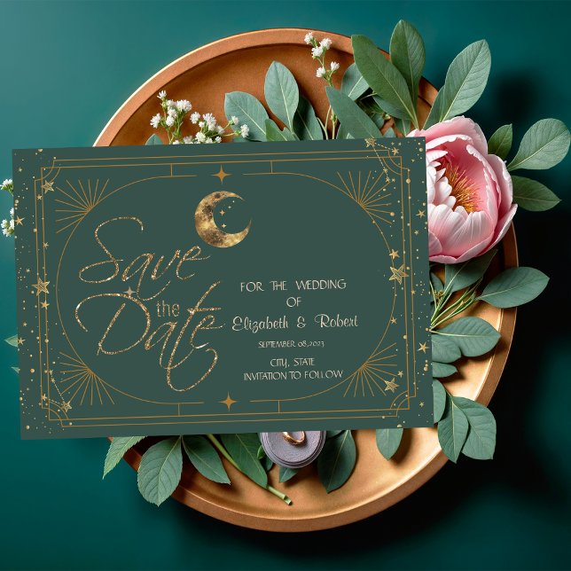 Celestial Gold Moon Stars Frame Green Save The Date (Creator Uploaded)