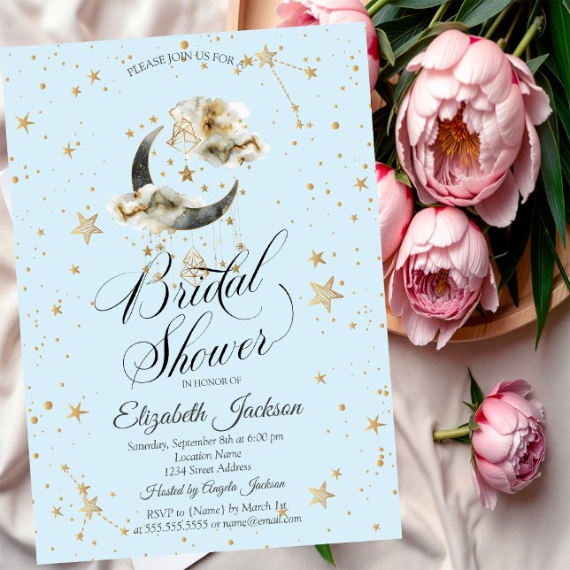 Celestial Gold Moon Stars Light Blue Invitation (Creator Uploaded)