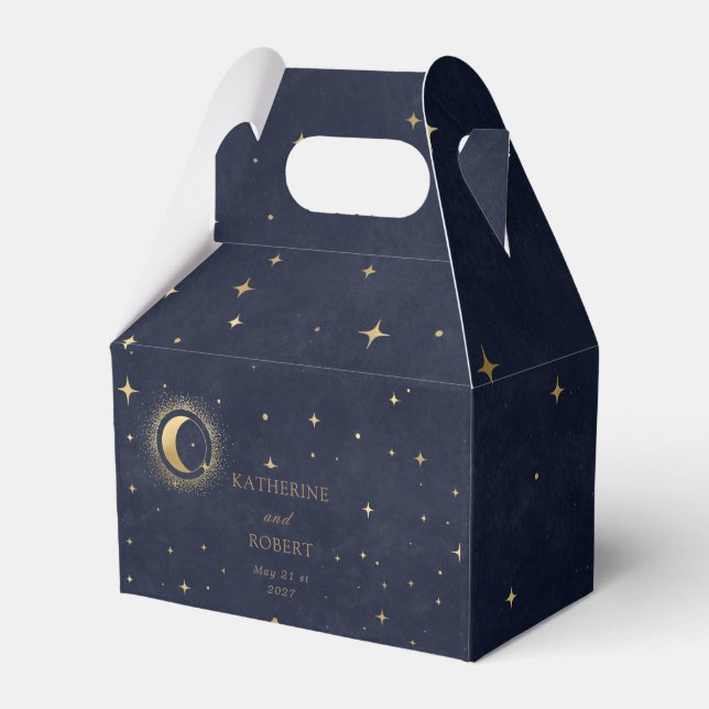 Celestial Gold Moon Stars Monogram Wedding Favor Boxes (Front Side)