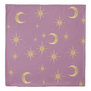 Celestial Gold Moon Stars Pastel Mauve Duvet Cover