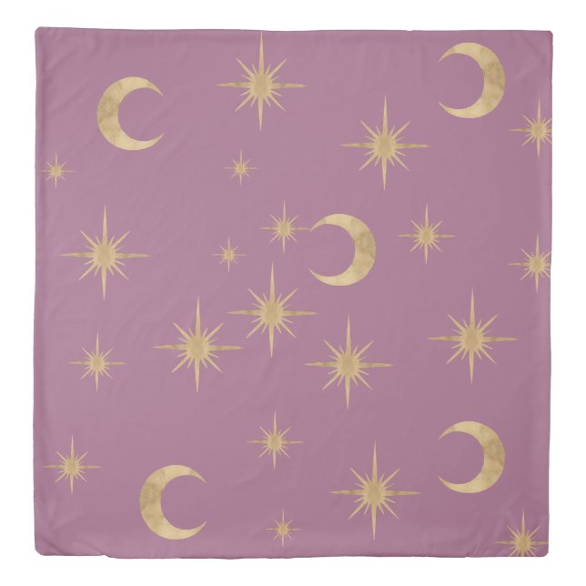 Celestial Gold Moon Stars Pastel Mauve Duvet Cover (Front)