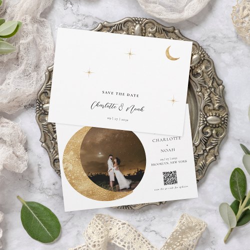 Celestial Gold Moon Stars Photo QR Code Wedding Save The Date