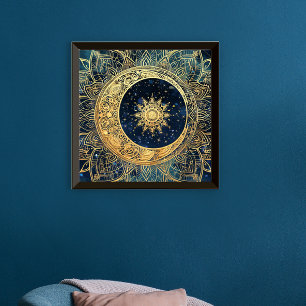 Celestial Gold Moon Sun Mandala Watercolor Nebula Poster