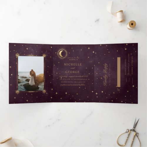 celestial gold moon tri fold wedding invitation