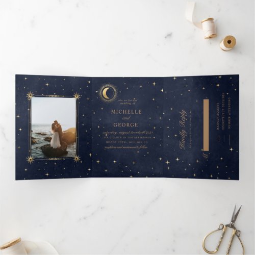 Celestial Gold Moon Tri Fold Wedding Invitation