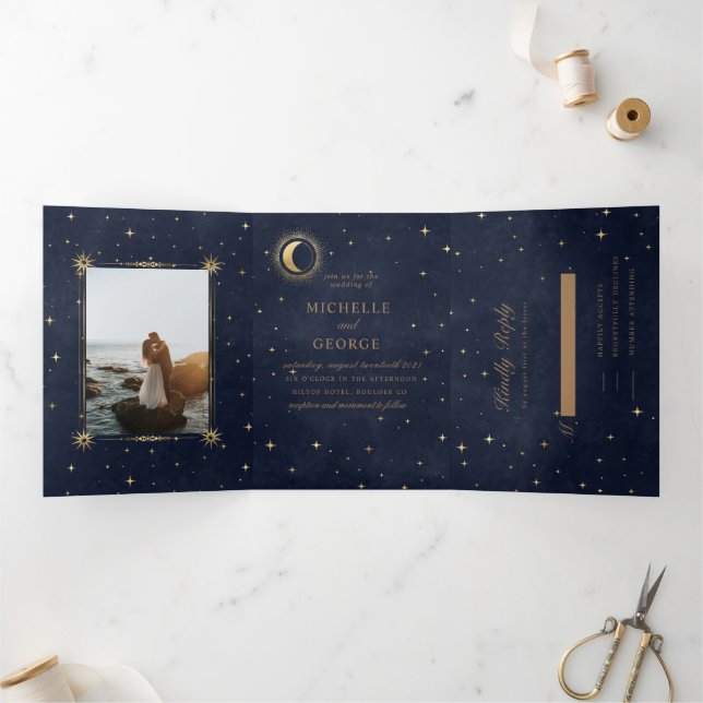 Celestial Gold Moon Tri Fold Wedding Invitation (Inside)