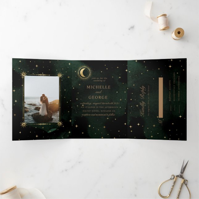 Celestial Gold Moon Tri Fold Wedding Invitation (Inside)