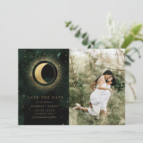Celestial Gold Moon Two Photo Save The Date Invitation