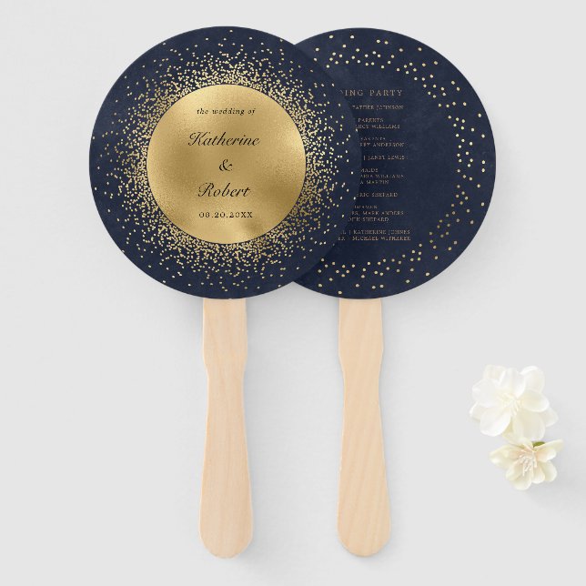 Celestial Gold Moon Wedding Program Hand Fan (Front and Back)
