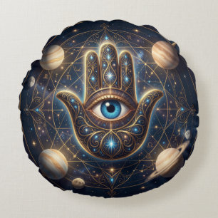 Celestial Gold & Navy Hamsa with Evil Eye Custom Round Pillow