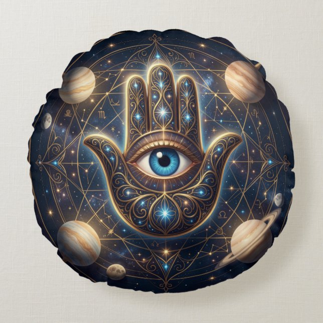 Celestial Gold & Navy Hamsa with Evil Eye Custom Round Pillow (Front)