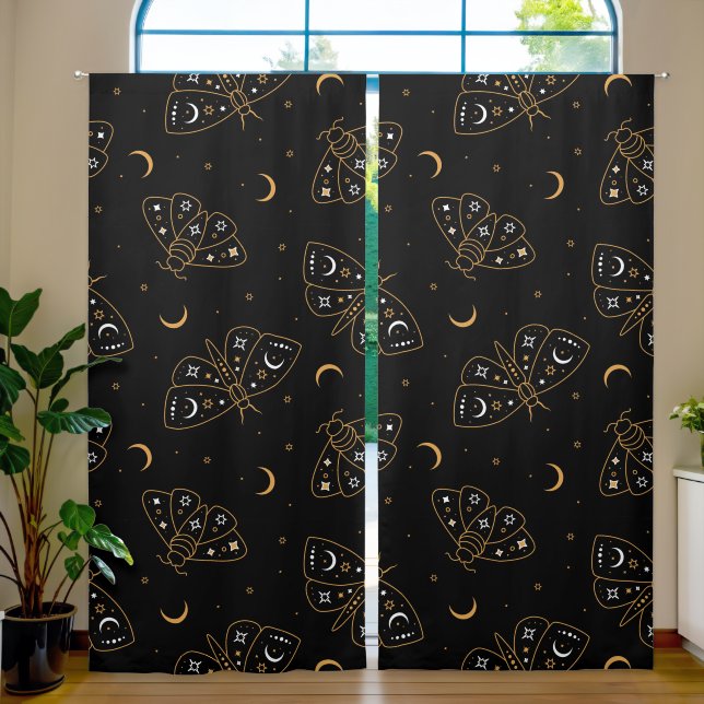 Celestial gold outline butterfly moon and stars blackout curtains (Living Room)