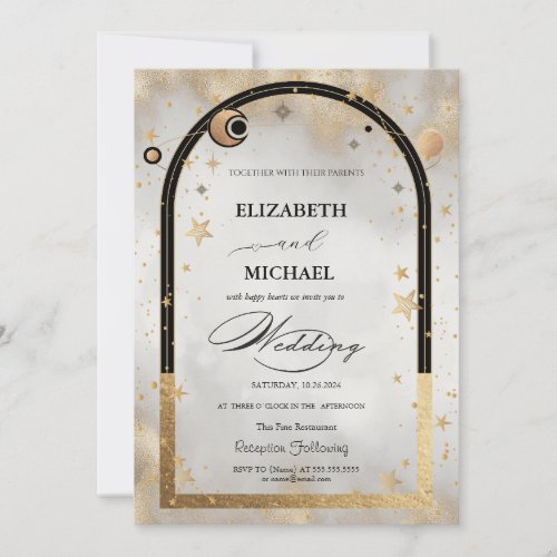 Celestial Gold Star Sun Moon Galaxy Wedding Invitation