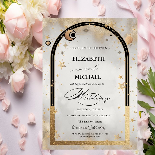 Celestial Gold Star Sun Moon Galaxy Wedding Invitation (Creator Uploaded)