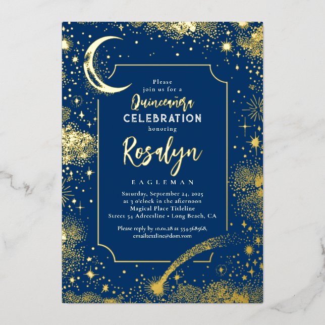 Celestial Gold Stars and Moon Night Quinceanera  Foil Invitation (Front)