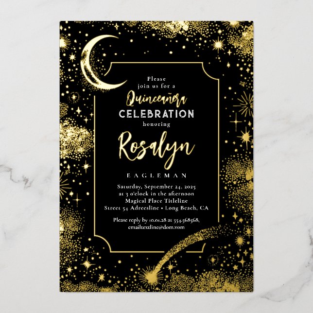 Celestial Gold Stars and Moon Night Quinceanera  Foil Invitation (Front)