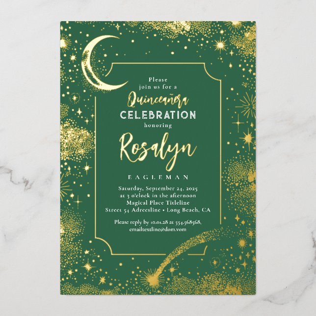 Celestial Gold Stars and Moon Night Quinceanera  Foil Invitation (Front)