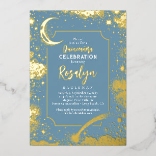 Celestial Gold Stars and Moon Night Quinceanera Foil Invitation