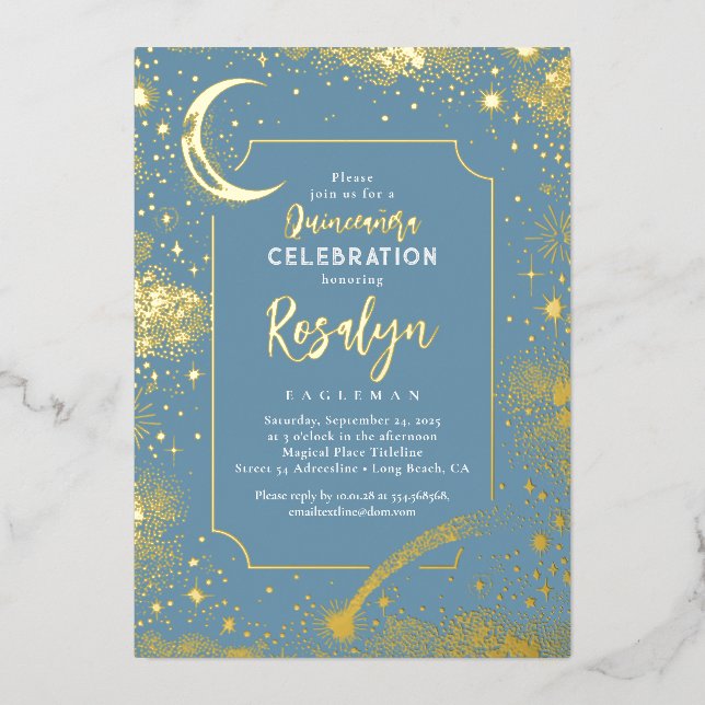 Celestial Gold Stars and Moon Night Quinceanera  Foil Invitation (Front)